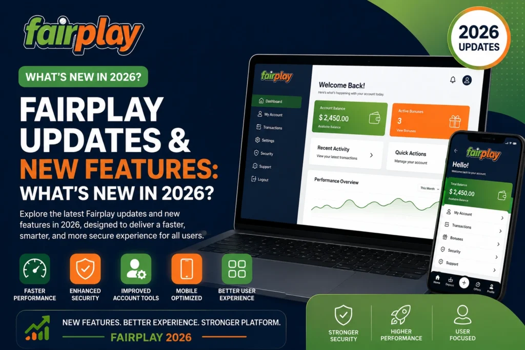 Fairplay Updates & New Features 2026 dashboard showcasing enhanced security, improved account management tools, mobile optimization, faster performance, and upgraded user experience