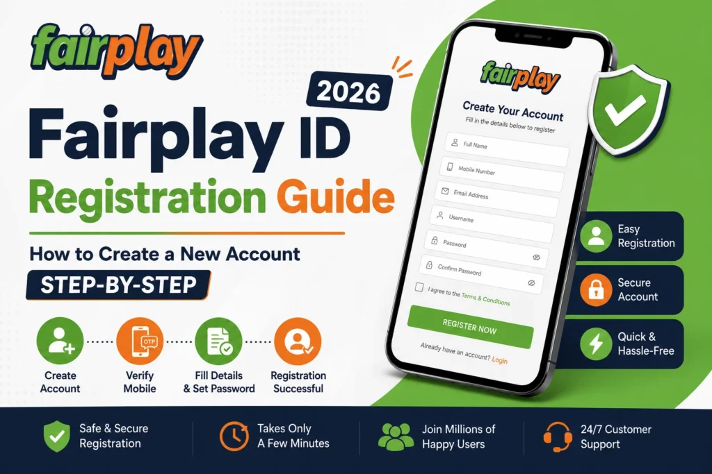 "Fairplay ID Registration Guide 2026 showing step-by-step account creation process, mobile verification, secure signup form, and new user registration instructions."