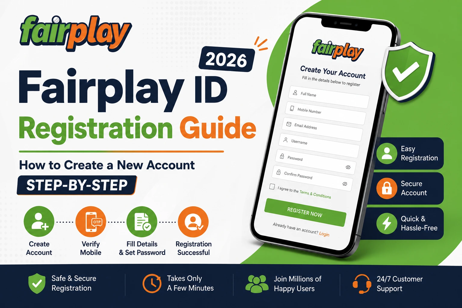 "Fairplay ID Registration Guide 2026 showing step-by-step account creation process, mobile verification, secure signup form, and new user registration instructions."