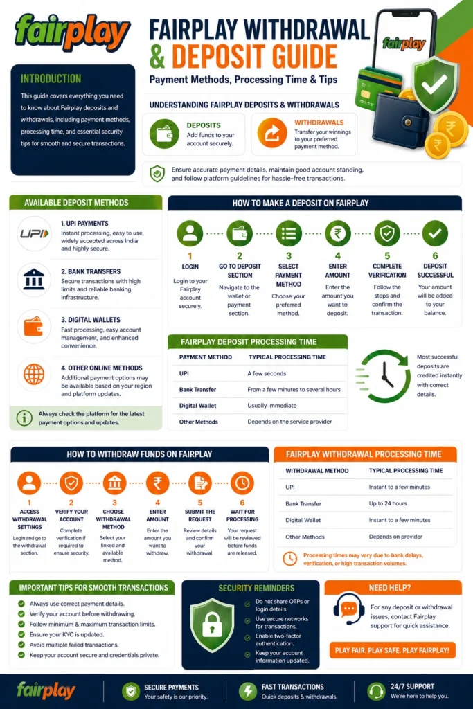 Fairplay Withdrawal and Deposit Guide showing payment methods, processing times, account verification, and secure transaction tips for 2026