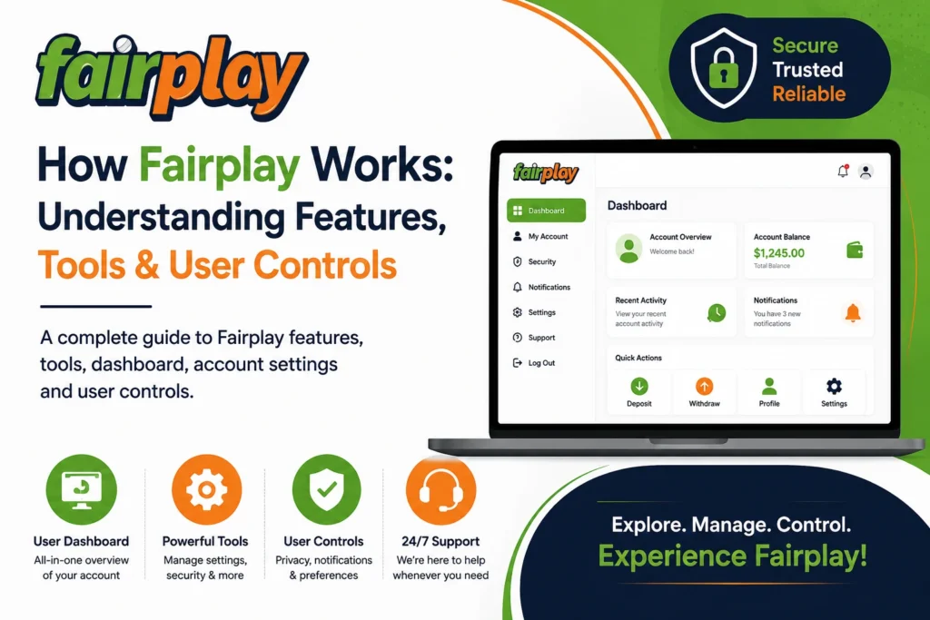 How Fairplay Works infographic showing Fairplay dashboard, features, tools, account settings, security controls, and user management options