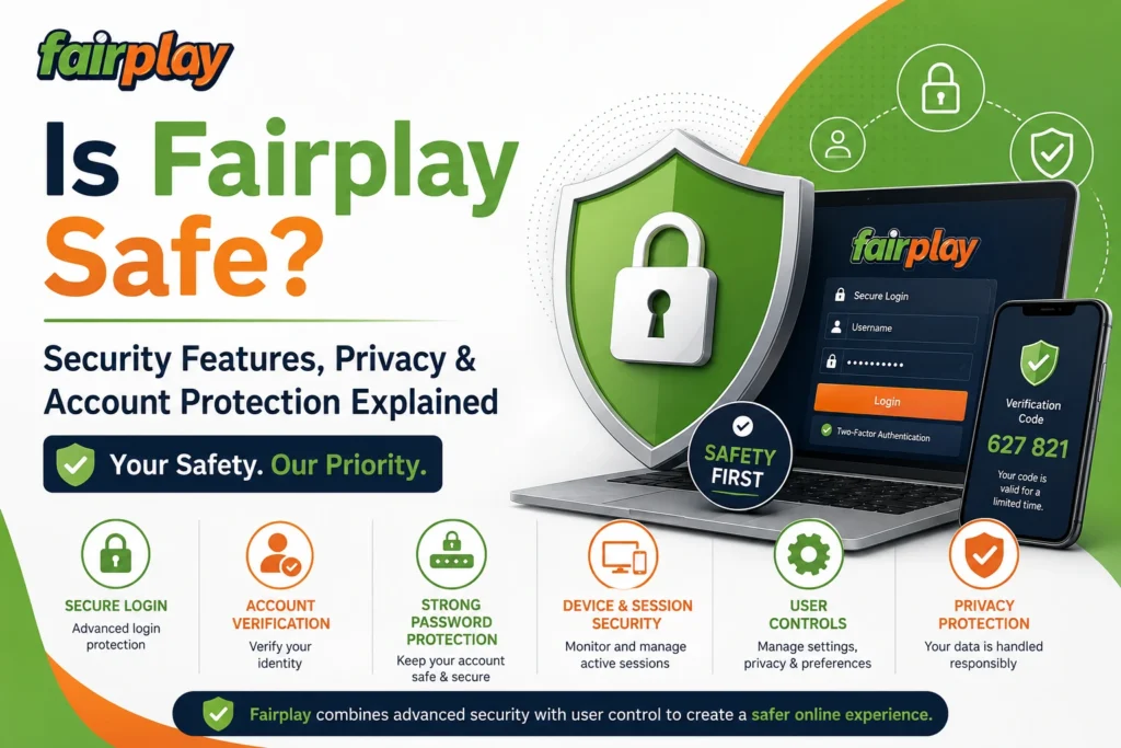 Fairplay security infographic showing secure login, account verification, strong password protection, device and session security, user controls, and privacy protection features on the Fairplay platform.