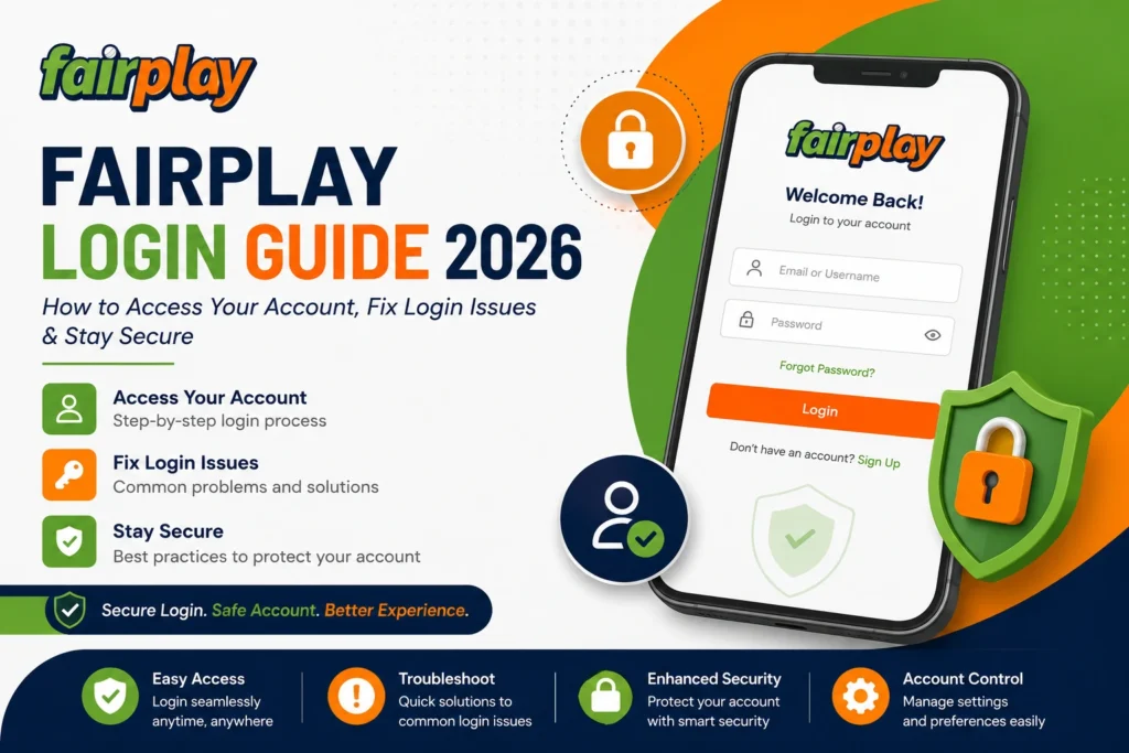Fairplay Login Guide 2026 banner showing secure account access, login troubleshooting, password recovery, account security features, and user login process on the Fairplay platform