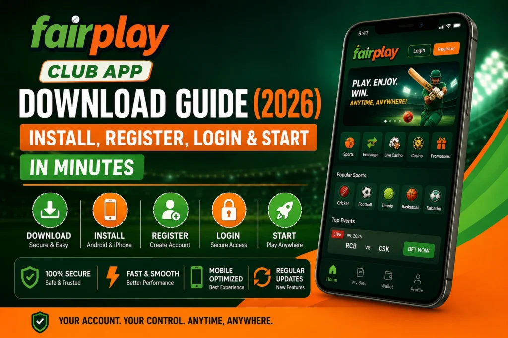 Fairplay Club App Download Guide 2026 showing Android and iPhone app installation, registration, login process, secure mobile access, and app features.