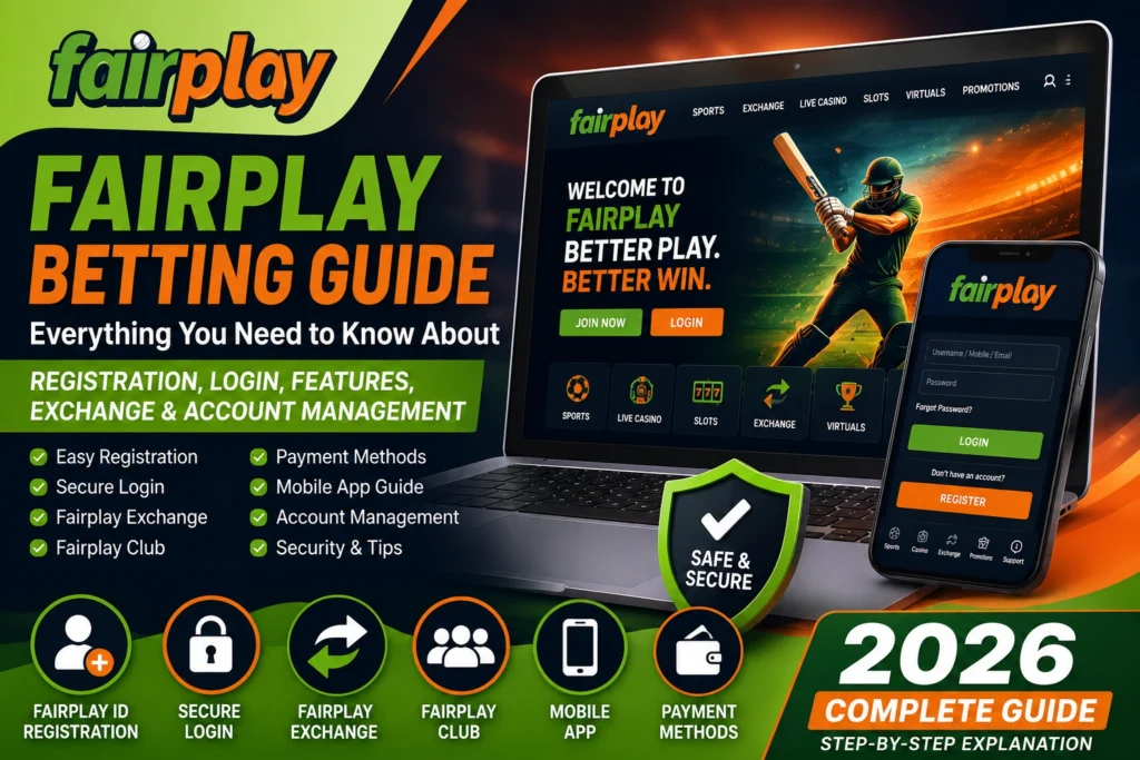 Fairplay Betting Guide 2026 showing Fairplay website, Fairplay ID registration, login, exchange, app, account management and security features.
