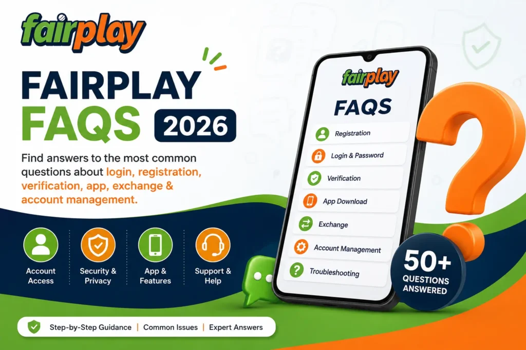 Fairplay FAQs 2026 guide banner covering login, registration, verification, app download, account management, security, and troubleshooting.