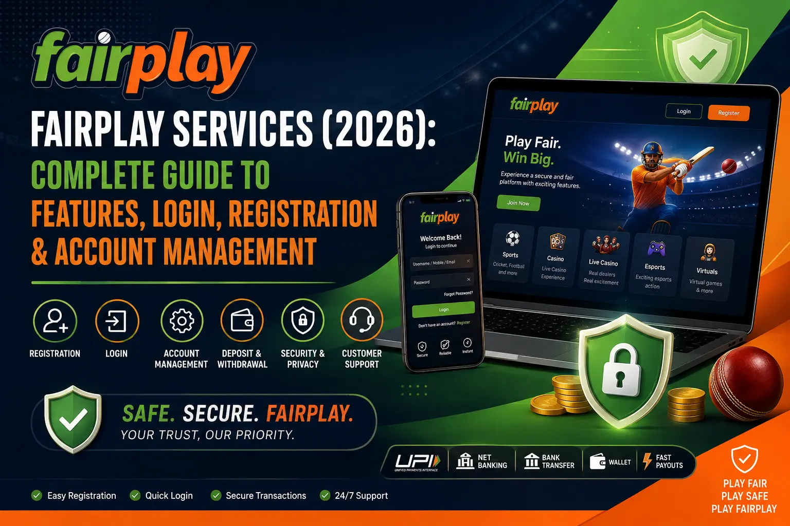 Fairplay Services (2026) complete guide banner featuring login, registration, account management, security, payment options, and platform features.