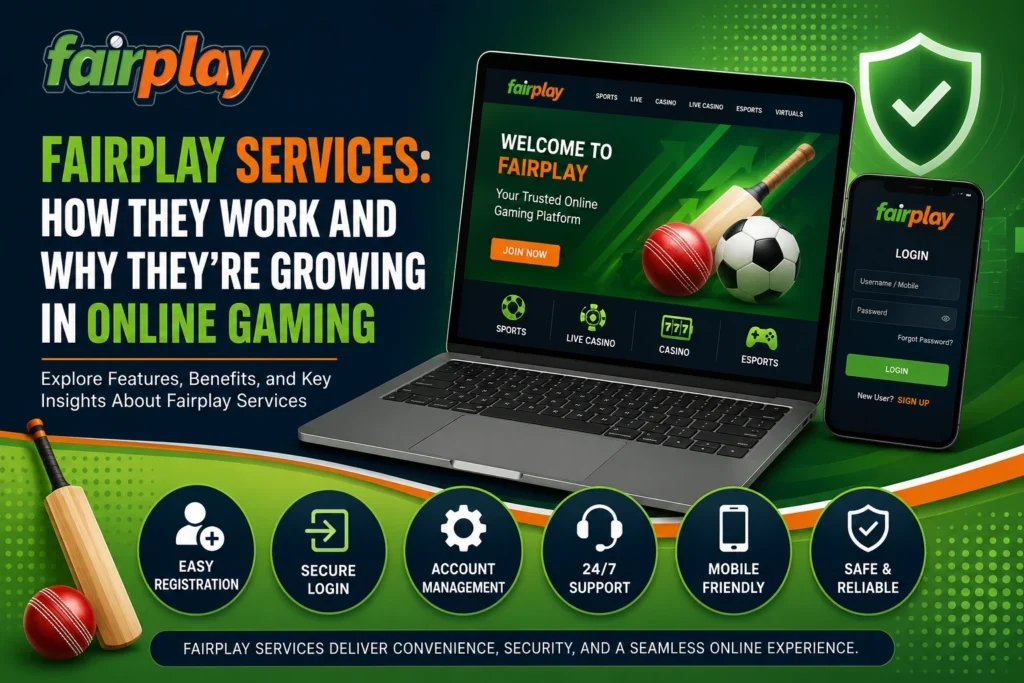 Fairplay services online gaming platform showing account access, mobile support and key features