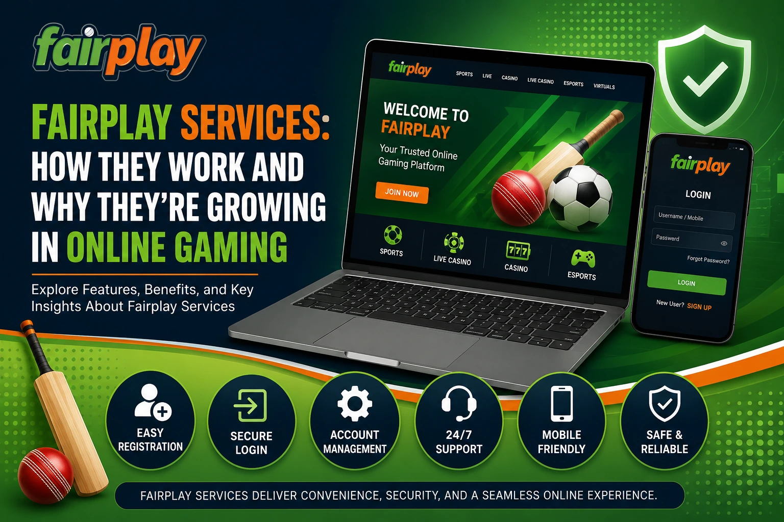 Fairplay services online gaming platform showing account access, mobile support and key features