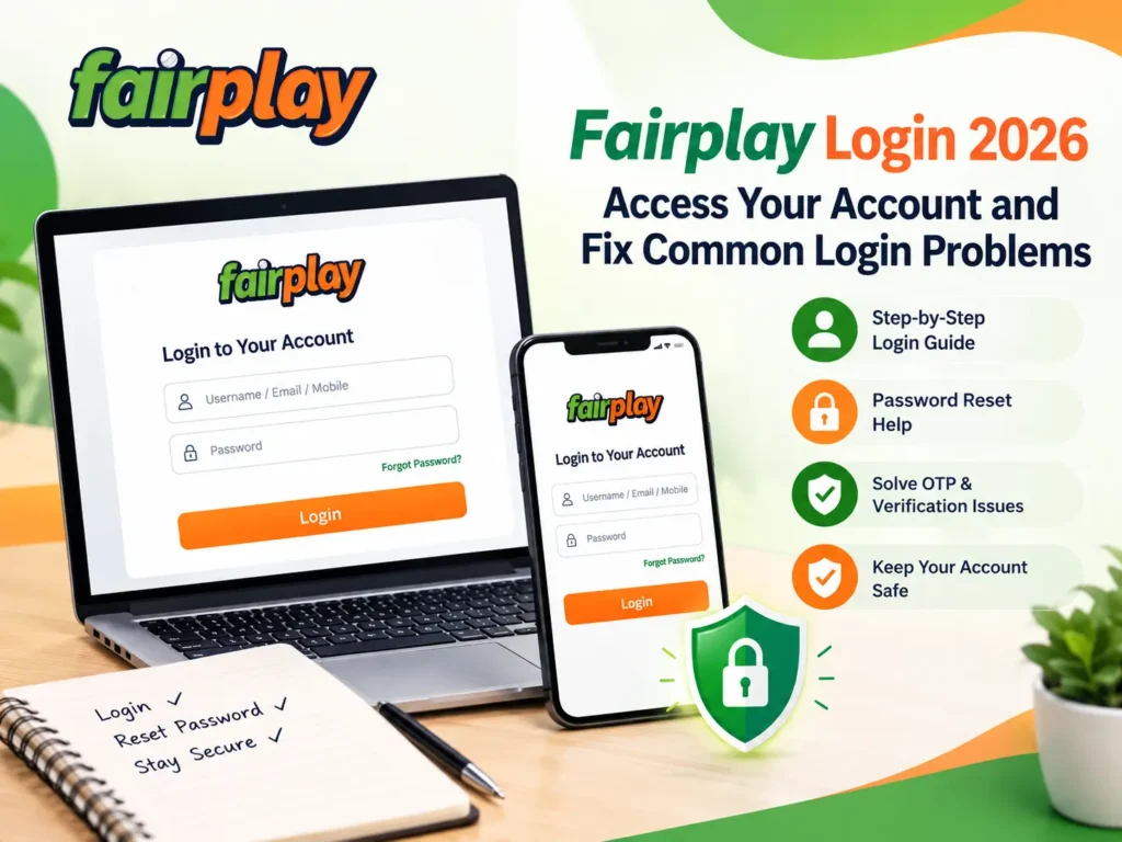 Fairplay Login 2026 guide showing account access, password reset, OTP troubleshooting, and login security on desktop and mobile