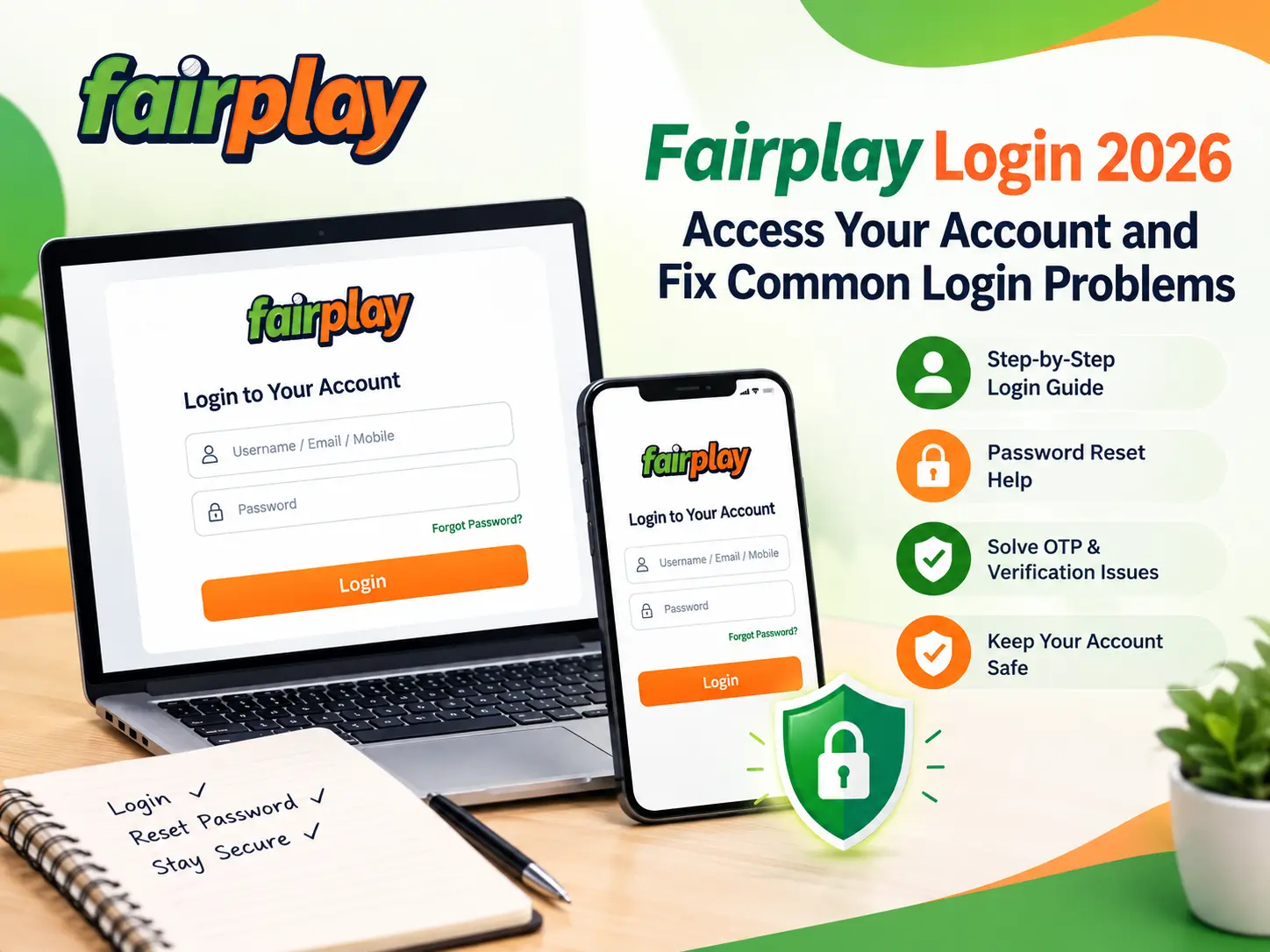 Fairplay Login 2026 guide showing account access, password reset, OTP troubleshooting, and login security on desktop and mobile